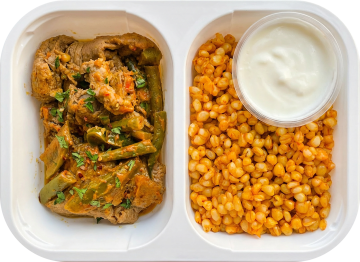 Beef shawarma bowl with veggie mix and farro