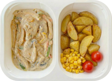 Chicken Stroganoff with baked patato wedges and sweet corn